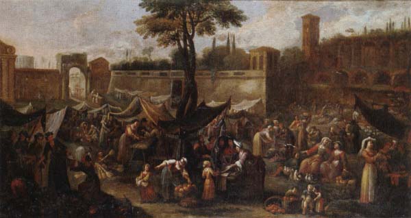 A market scene before the walls of a city